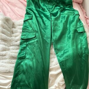 Emerald Green Satin Cargo Pants